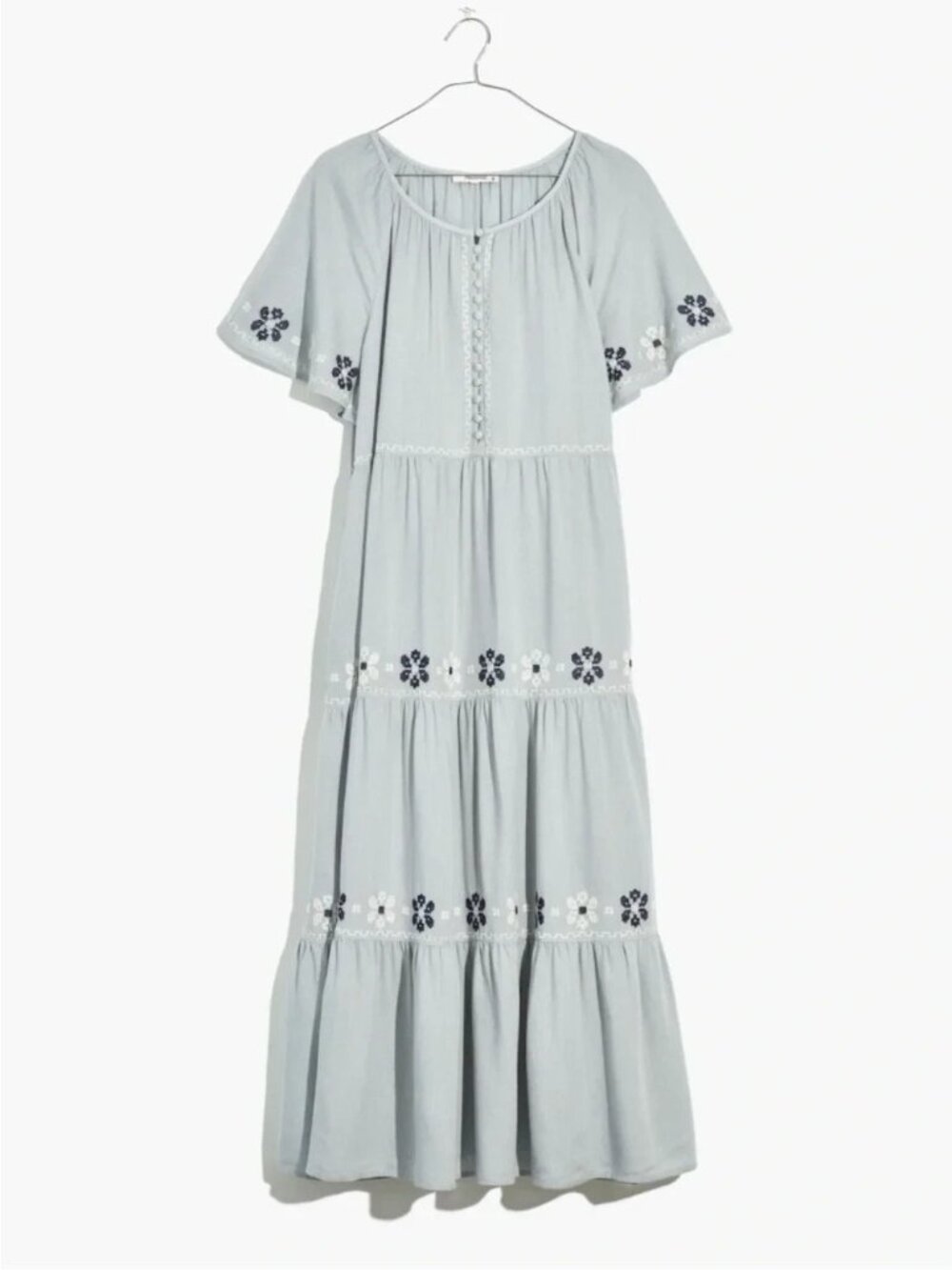 NEW Madewell Embroidered Flutter-Sleeve Tiered Midi Dress blue gray womens L